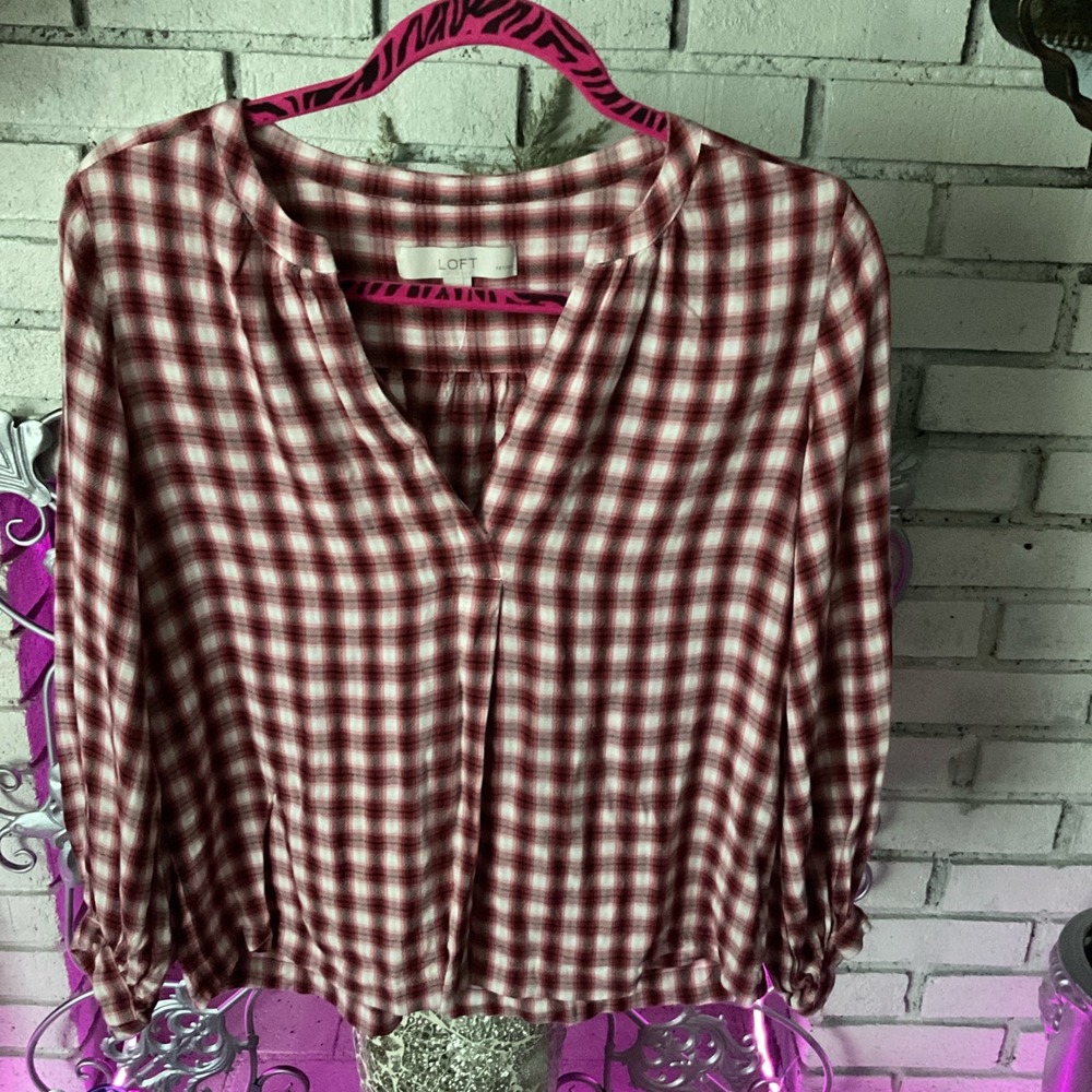 LOFT Petites Red White Plaid V-Neck Long Sleeve Blouse Top XSP